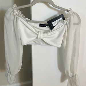 White bardot chiffon flare sleeve crop top